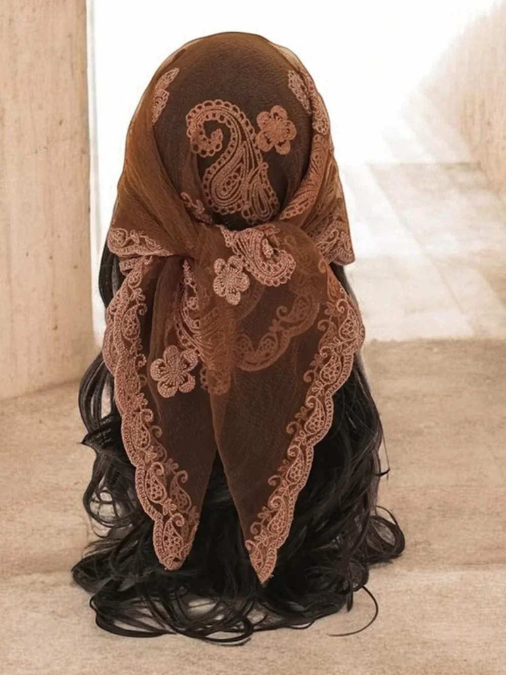 Brown Lace Embroidered Hair Scarf Headwrap